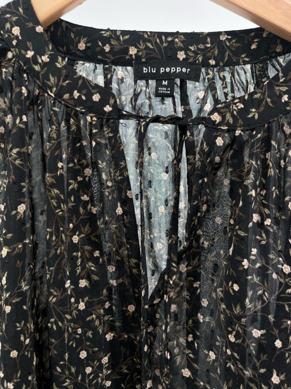 Blu Pepper Black Floral Sheer Blouse Ruffle Tie Neck Long Sleeve Boho Top - Picture 7 of 11